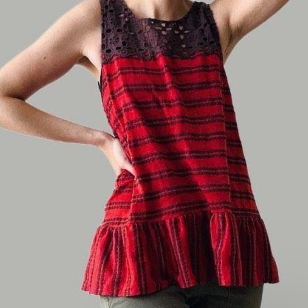 NWOT Free People Molly Retro Peplum Tank Top Red Brown Size Small Eyelet Striped